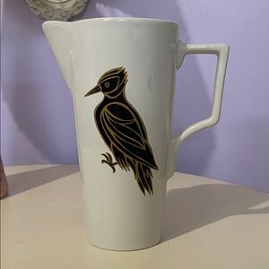 White Pitcher with Black Bird Design